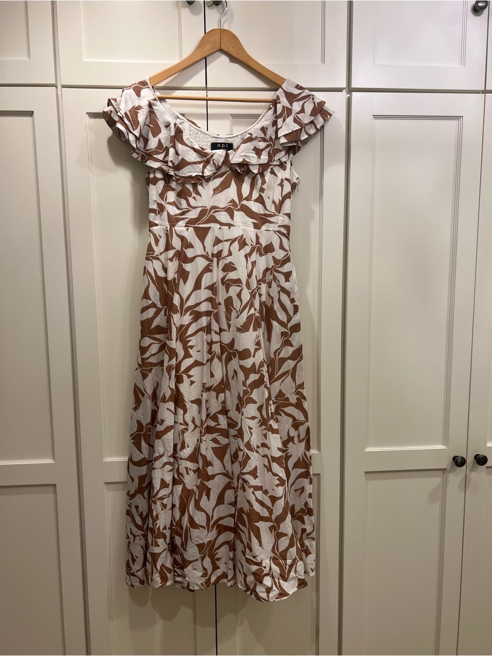 O. P. T. Ruffle-Neck Midi Dress in White with Brown Leaf Print